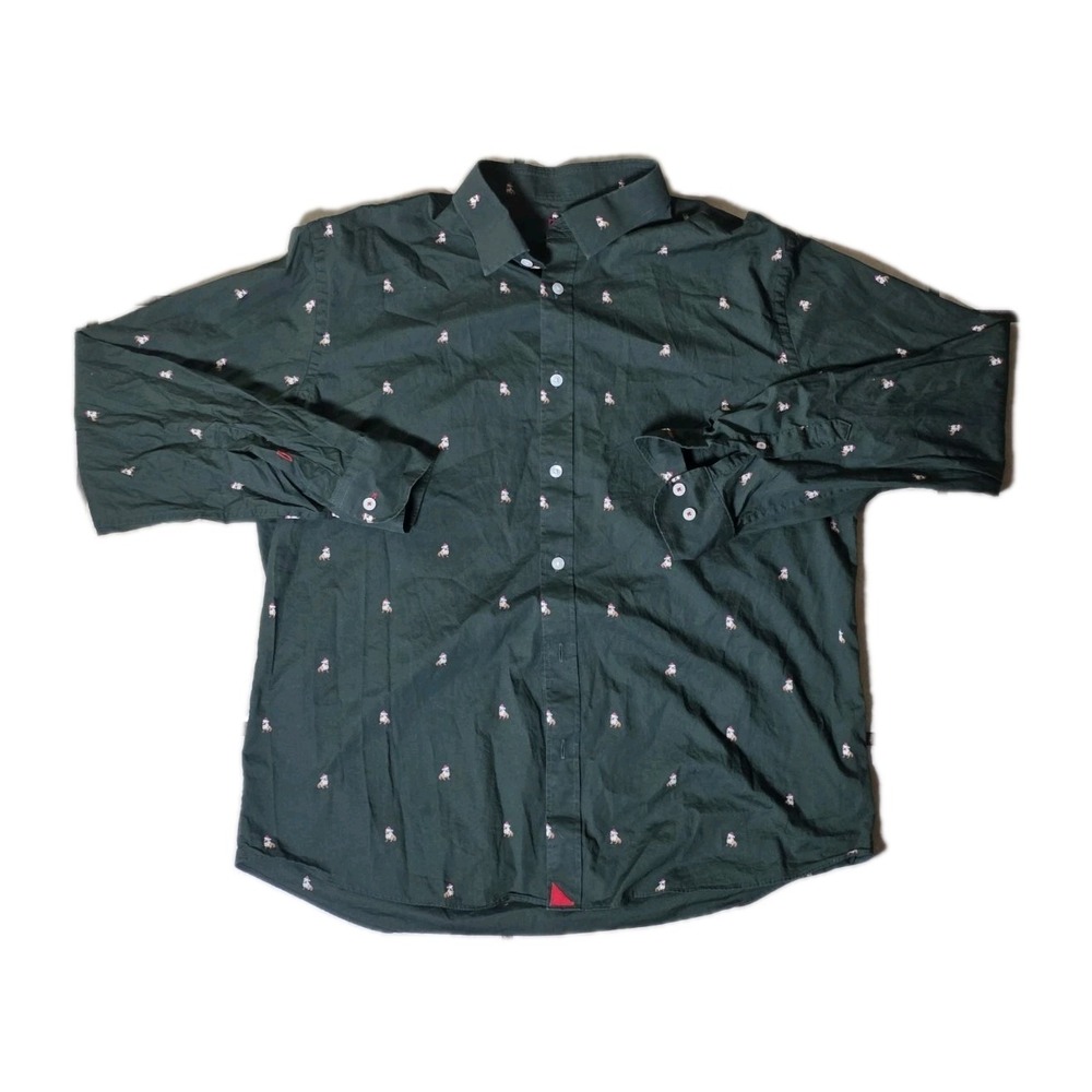 UNTUCKit Men's Shirt XL Green Christmas Bulldog Santa Hat Long Sleeve Button Up